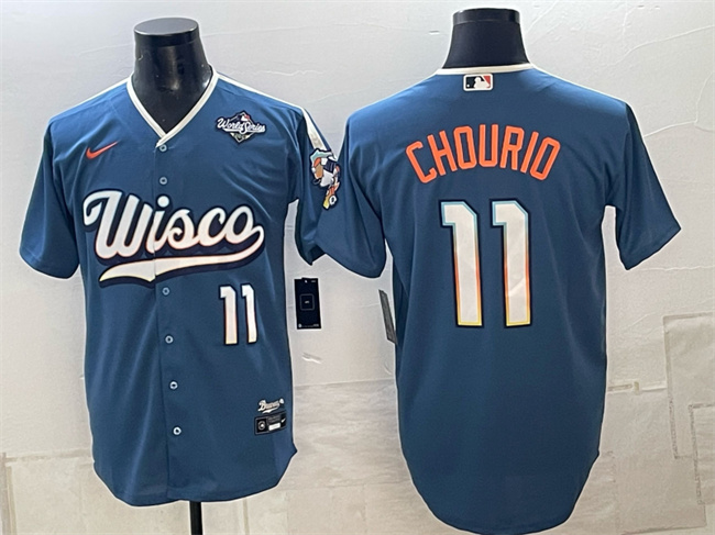 Men'sl Blue Milwaukee Brewers #11 Jackson Chourio Minera 2026 World Series City Connect Stadium Stitched Baseball Jersey